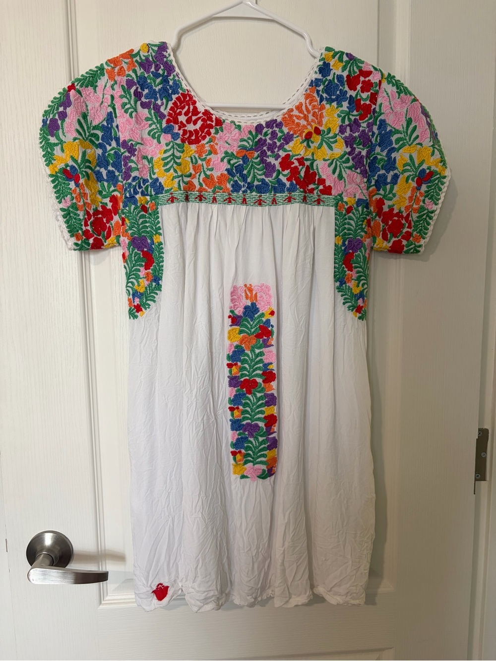 Boho Embroidered White Mini Dress with Multicolor Floral Accents